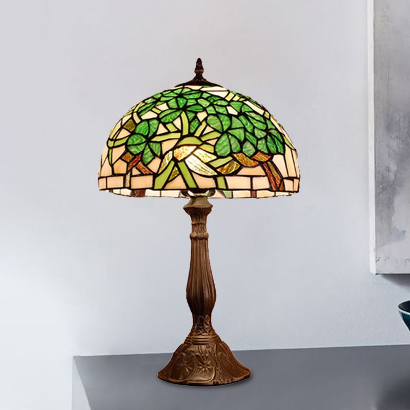 Domed Nightstand Light 1-Bulb Stained Art Glass Baroque Blossom Patterned Night Lighting in Red/Beige/Green