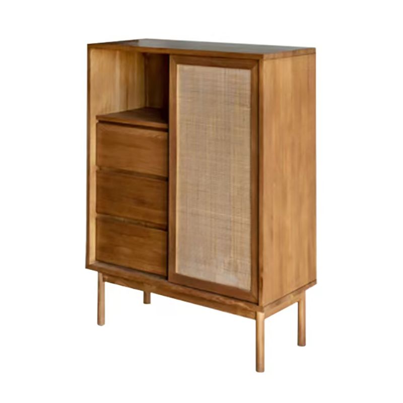 Modern Solid Wood Dining Server Brown 3 Drawers 1 Rattan Door Sideboard