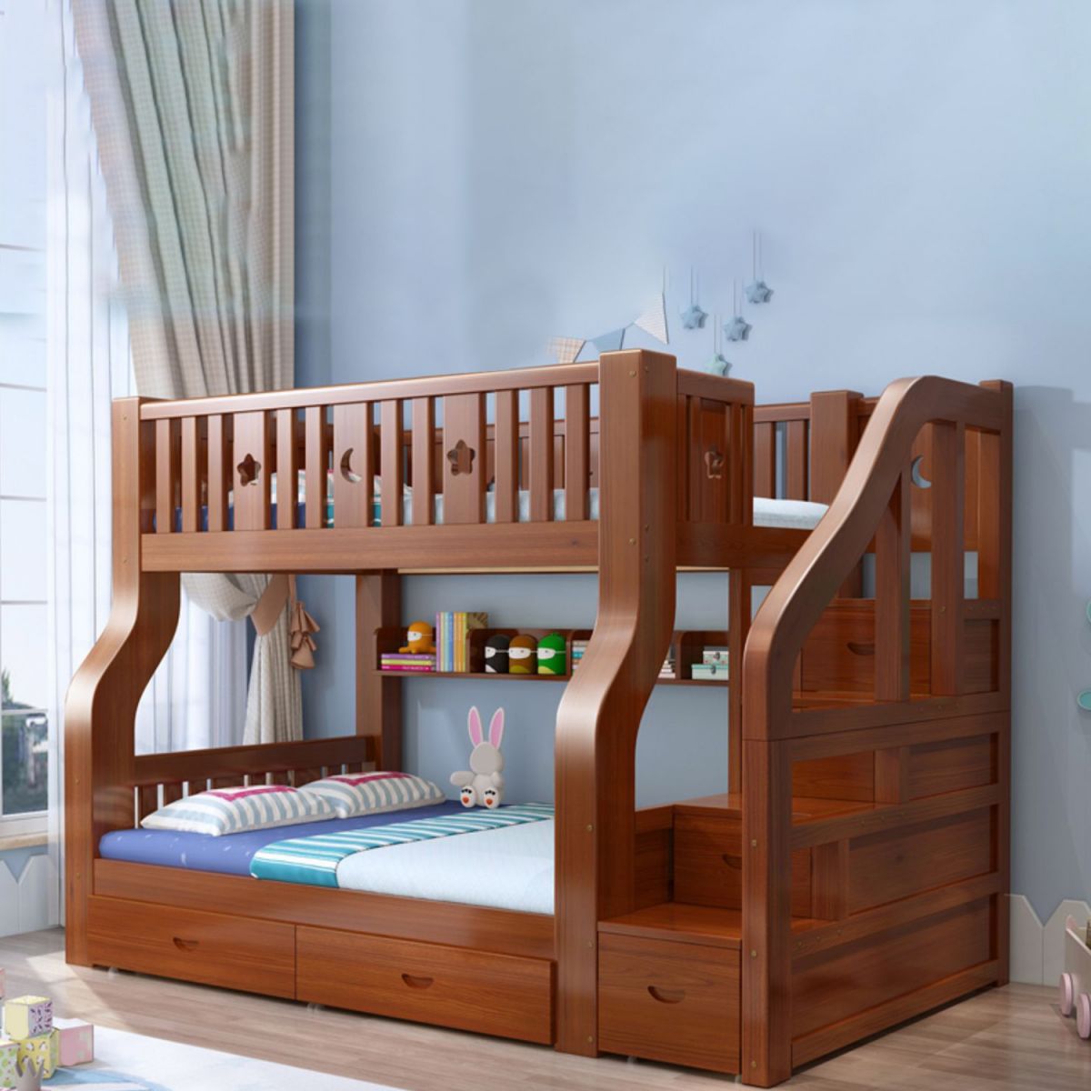 Traditional Standard Bunk Bed Twin & Single Kid's Bed with Book Shelf