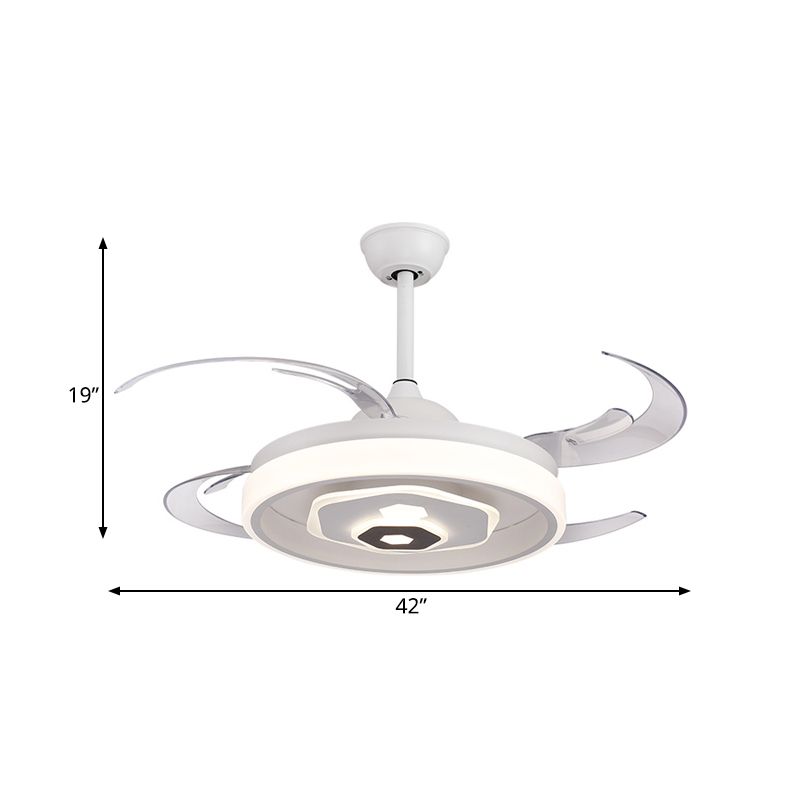 LED Ceiling Fan Lighting Simple Bedroom Semi Flush Light Fixture with Round Acrylic Shade in White with 4 Clear Blades, 42" W