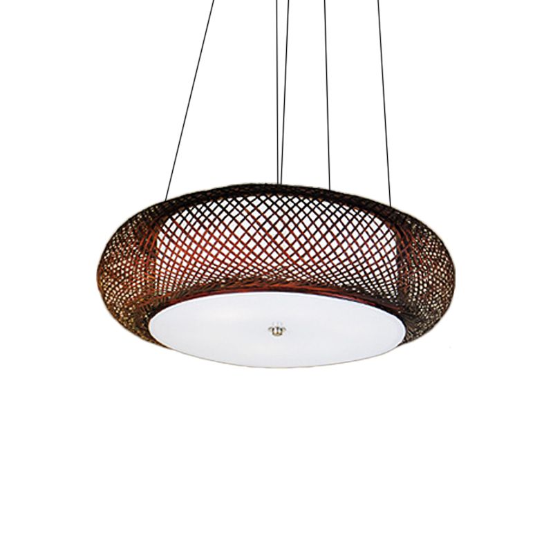 Brown/Wood Hand-Worked Hanging Light with Drum Shade Asian 1 Light Bamboo Suspension Lamp for Dining Room