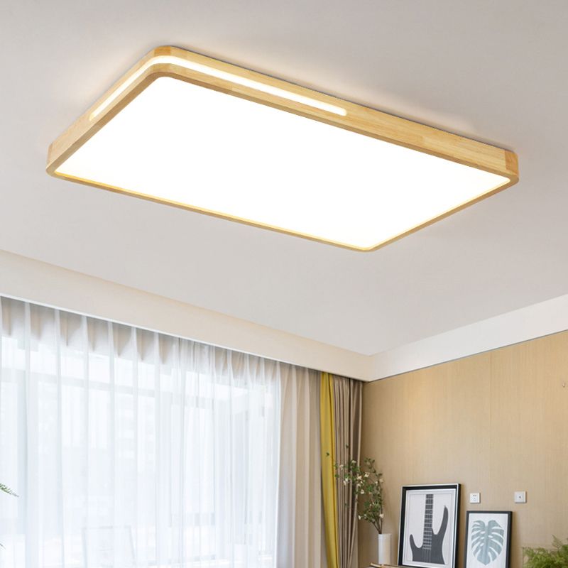 Japanese Style Rectangle Ceiling Light Wood LED Flush Mount Light for Living Room