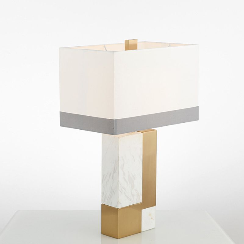 Rectangle Night Stand Light Minimalist Marble 1 Bulb Grey/White and Brass Colorblock Table Lamp with Fabric Shade