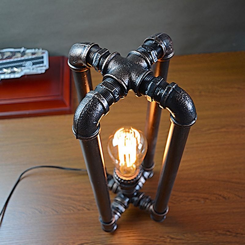 Iron Black Plug In Table Light Piping 1 Light Rustic Nightstand Lamp with Rectangle Cage Design