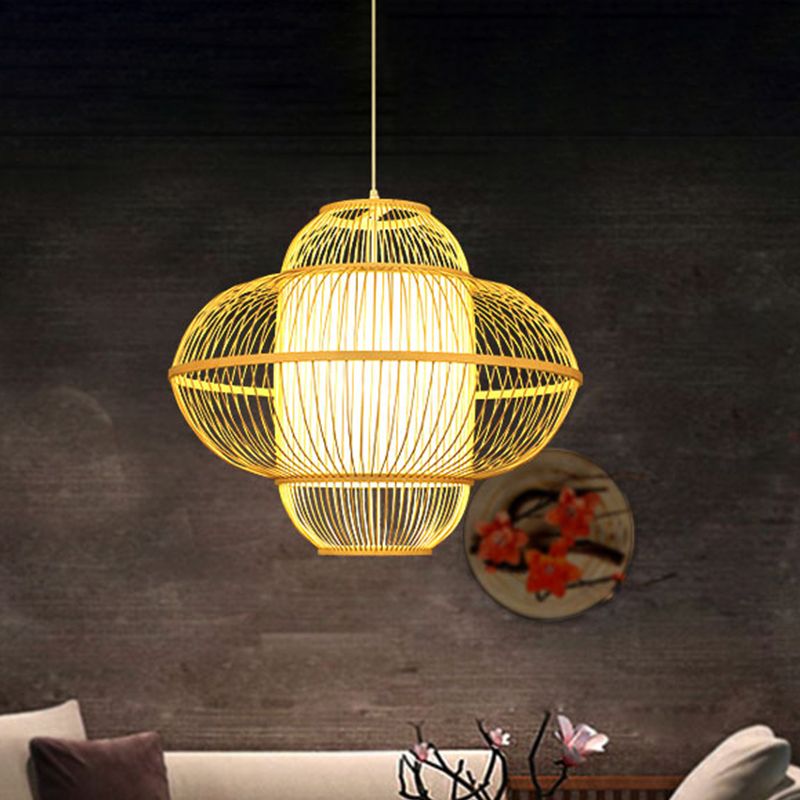 Lantern Pendant Lamp Chinese Bamboo 1 Head Beige Hanging Ceiling Light, 18"/23.5" Wide