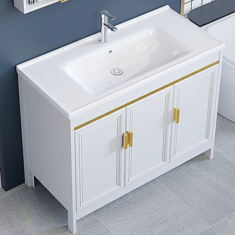 White Bathroom Vanity Metal Frame Single Sink Rectangular Freestanding Vanity with Mirror