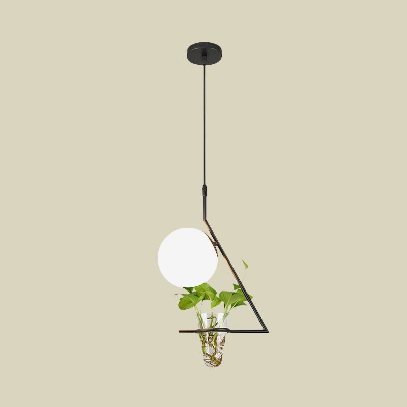 Farmhouse Ball Suspension Pendant 1 Head Milk Glass Hanging Light Fixture in Black/Grey/Gold with Plant Cup