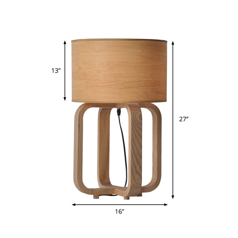 Drum and Squared Frame Table Light Asian Wood 1-Light Bedroom Night Lamp in Beige