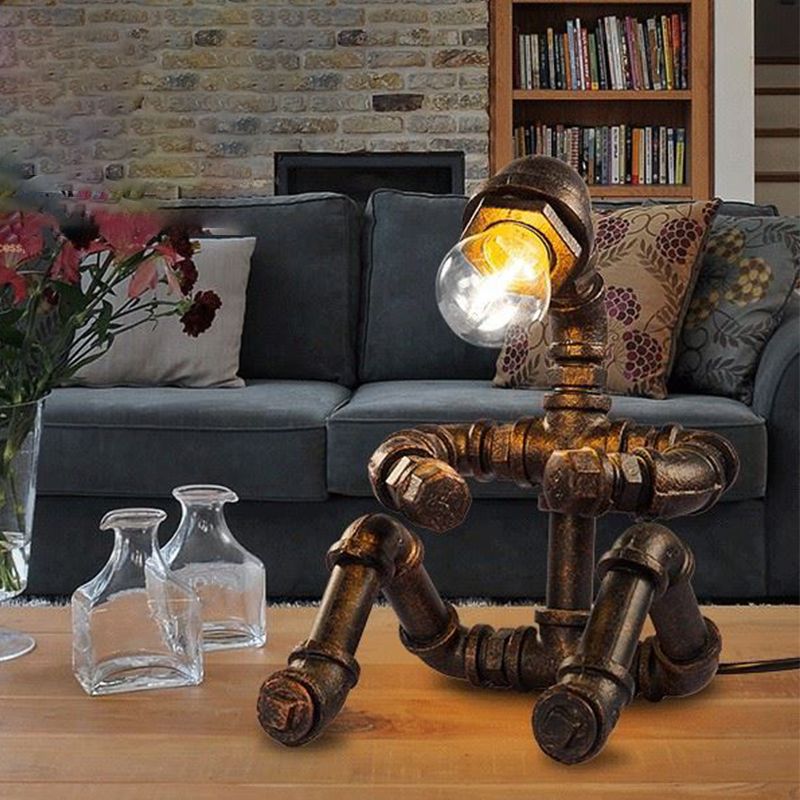 Iron Sitting Robot Table Lamp Steampunk 1-Head Bedroom Nightstand Lighting in Bronze