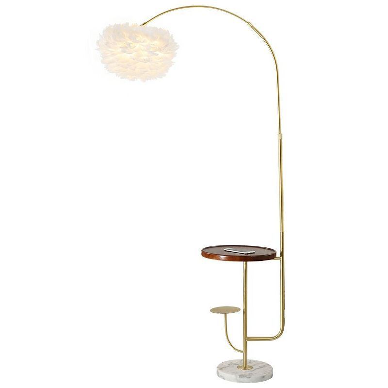 Fishing Rod Living Room Floor Light Metallic 1 Head Simplistic Standing Lamp with Tray and Feather Shade