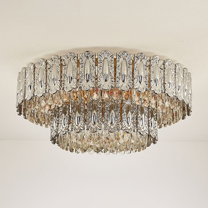 Iron and Crystal Drum Ceiling Flush in Gold Contemporary Flush Mount