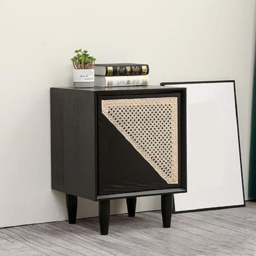 Black Rattan Bed Nightstand Modern Minimalist Bedside Table with Legs