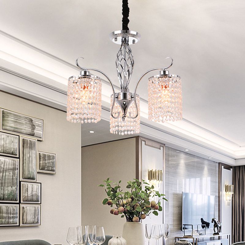 Contemporary Cylinder Chandelier Pendant Light Crystal 3/5 Lights Hanging Ceiling Light in Chrome for Living Room