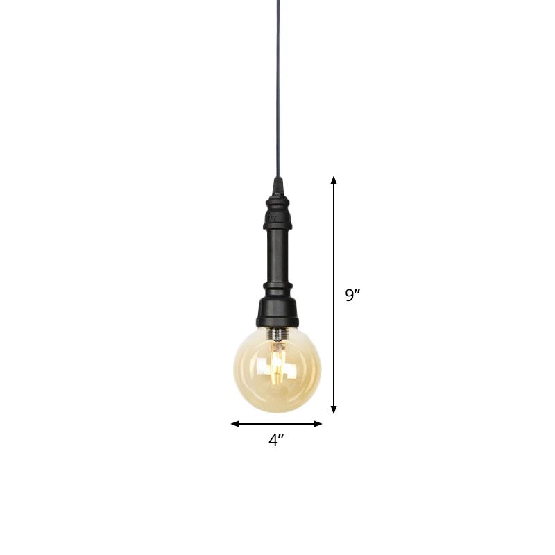 1 Light Ball/Capsule Suspension Light Industrial Black Finish Amber Glass Ceiling Pendant Pipe Lamp