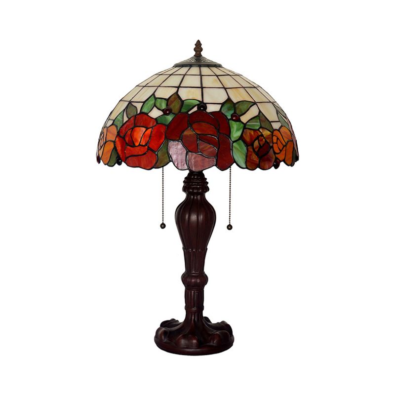 Rose-Edge Gridded Night Lamp 2-Light Stained Glass Tiffany Table Lighting with On Off Pull Chain in Coffee