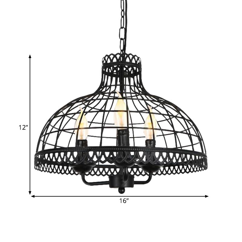 Metallic Dome Cage Shade Ceiling Lamp Industrial Retro 3 Heads Farmhouse Candle Ceiling Fixture in Black