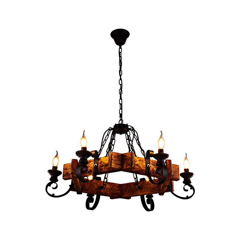 Clear Glass Black Pendant Lamp Candle 6-Light Vintage Chandelier Light Fixture with Wooden Backplate