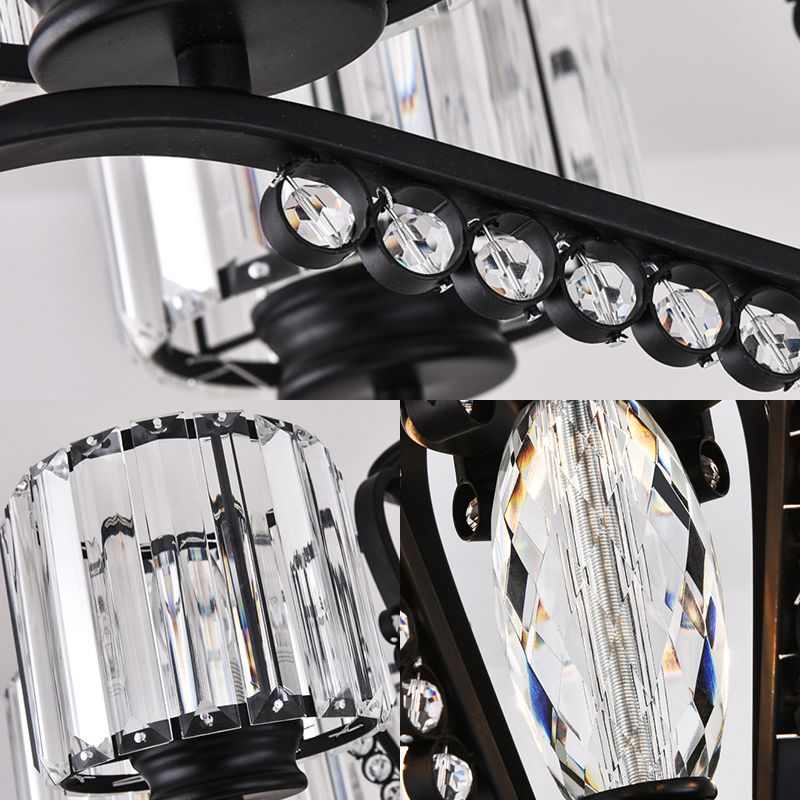 Clear Crystal Drum Chandelier Lamp Vintage Style 3/5 Heads Suspension Light in Black for Dining Room