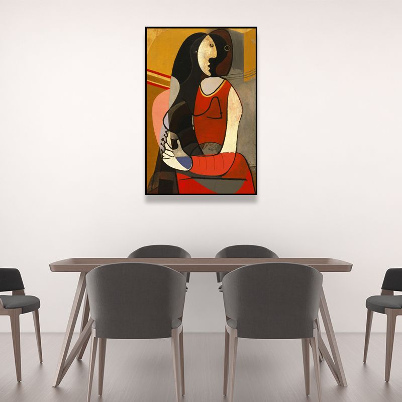 Picasso Style Seated Woman Painting Traditional Canvas Wall Art in Red and Black