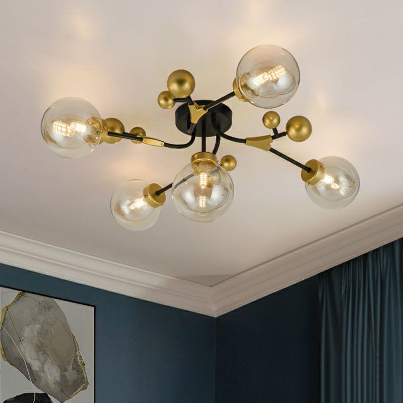 Postmodern 5 Bulbs Semi Flush Light Black and Brass Molecular Ceiling Light with Glass Shade