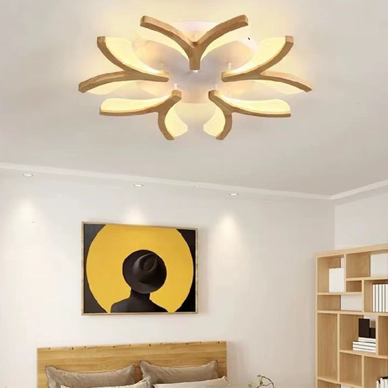 LED Modern Wood Flush Mount Flower Shape Ceiling Light with Acrylic Shade for Living Room