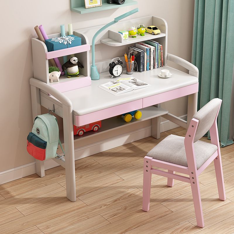 Adjustable Writing Desk Wood Kids Desk and Chair with Storage Shelves