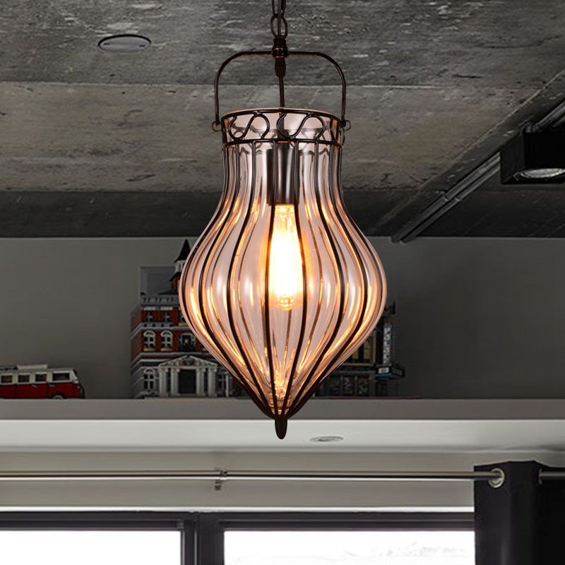 Clear Glass Teardrop Hanging Pendant Light Industrial Style Single Pendant Lighting in Black for Restaurant