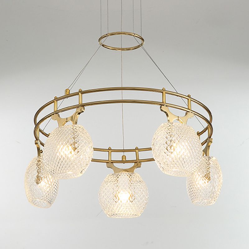 Ball Chandelier Pendant Light Postmodern Clear Lattice Glass 5-Head Dining Room Ceiling Suspension Lamp in Gold