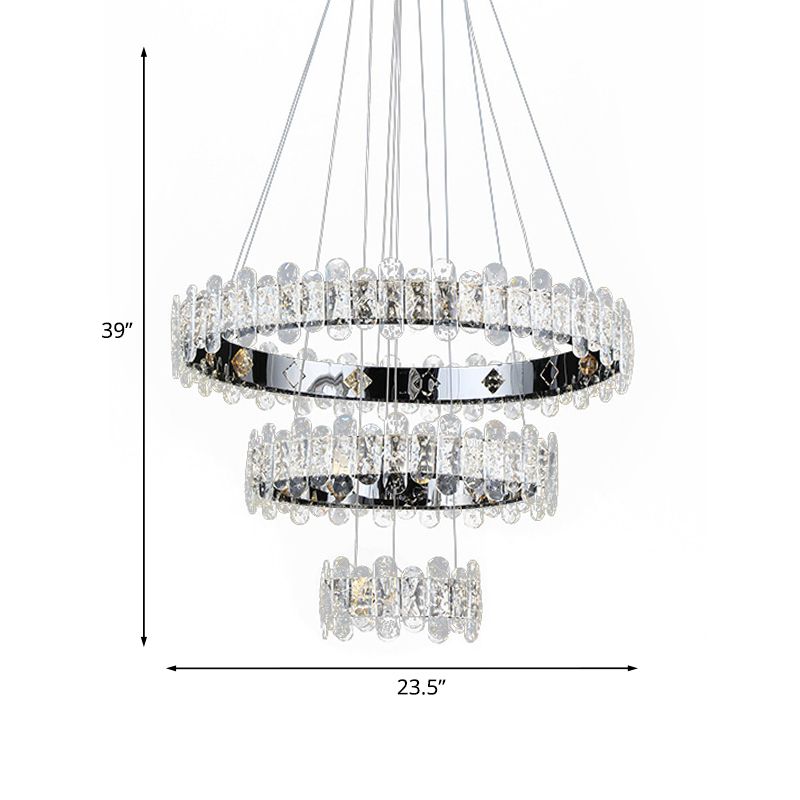 Crystal Embedded Chrome Chandelier 3-Tiered Circle Contemporary LED Pendant Light Fixture