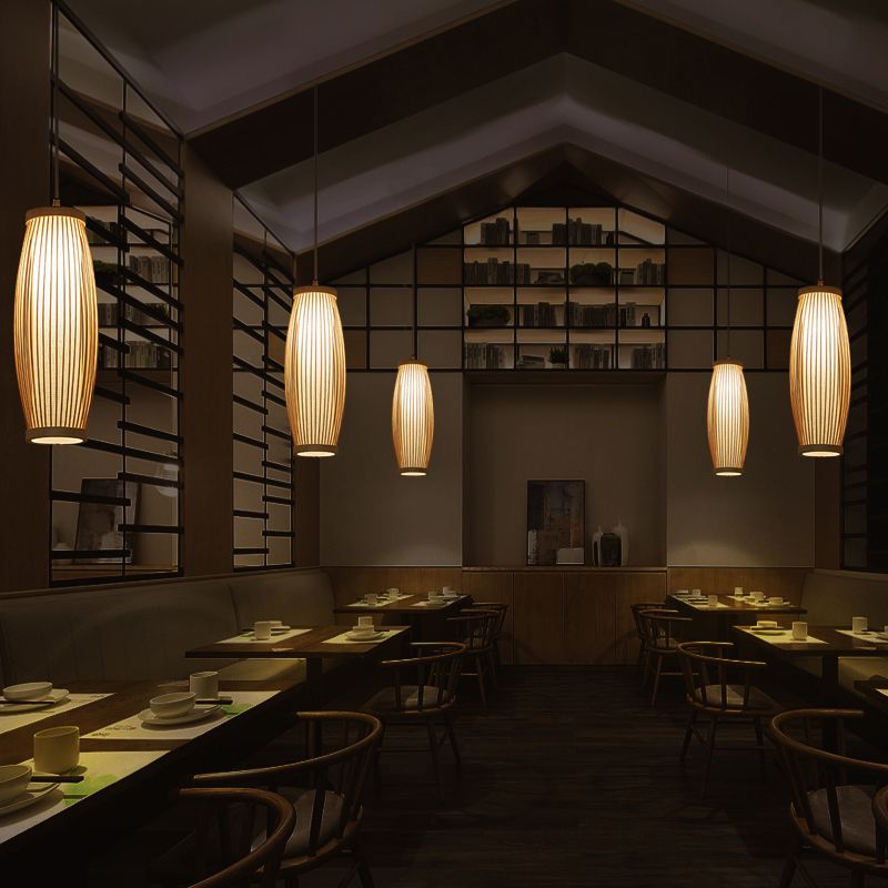 Elongated Oval Bamboo Ceiling Light Modern Single Wood Hanging Pendant Light for Restaurant