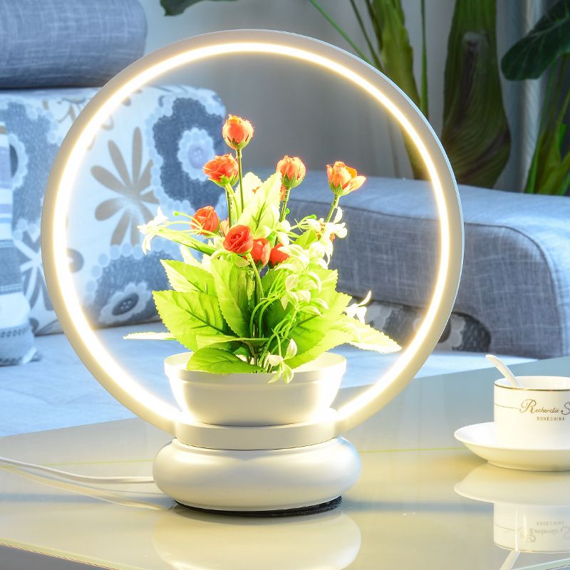 Round/Square Bedroom Table Light Industrial Metal LED Black/White Night Lamp with Plant Decoration, Warm/White Light