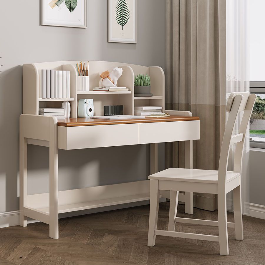 Contemporary White Writing Desk with Brown Top and 2 Drawers