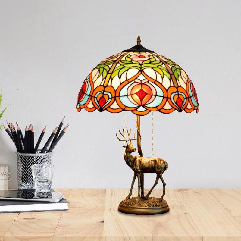 Cut Glass Yellow/Orange Night Light Hand-Worked Peach/Geometric 2-Light Tiffany Table Lamp with Elk Statue and Pull Chain Switch