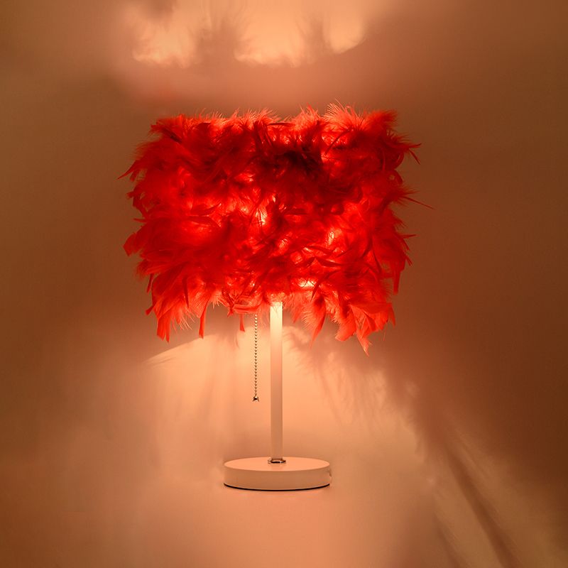 White/Red/Pink Cylindrical Table Lamp Romantic Modern 1 Bulb Feather Pull-Chain Nightstand Light