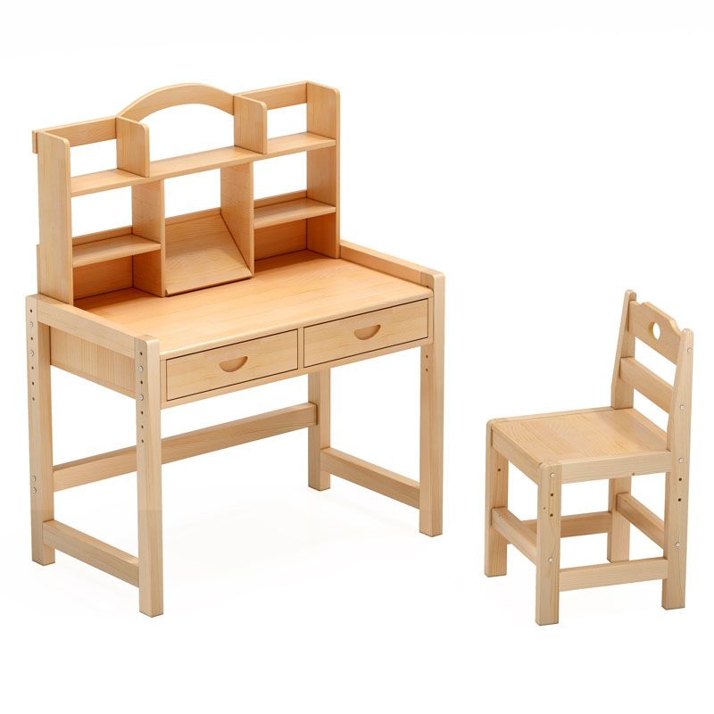 Pine Solid Wood Study Desk Table and Chair Set with Storage Shelves