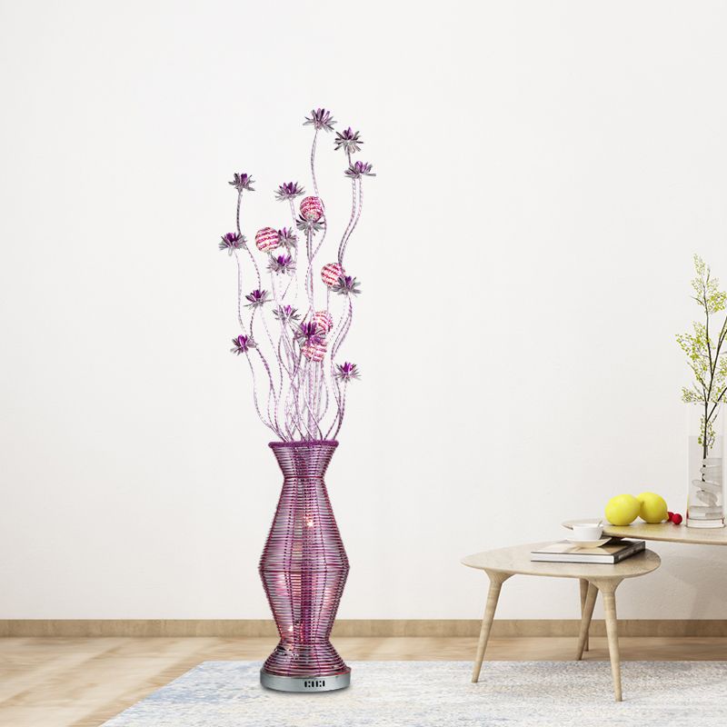 Countryside Vase and Floral Stand Light Aluminum Wire LED Floor Lamp in Purple for Living Room