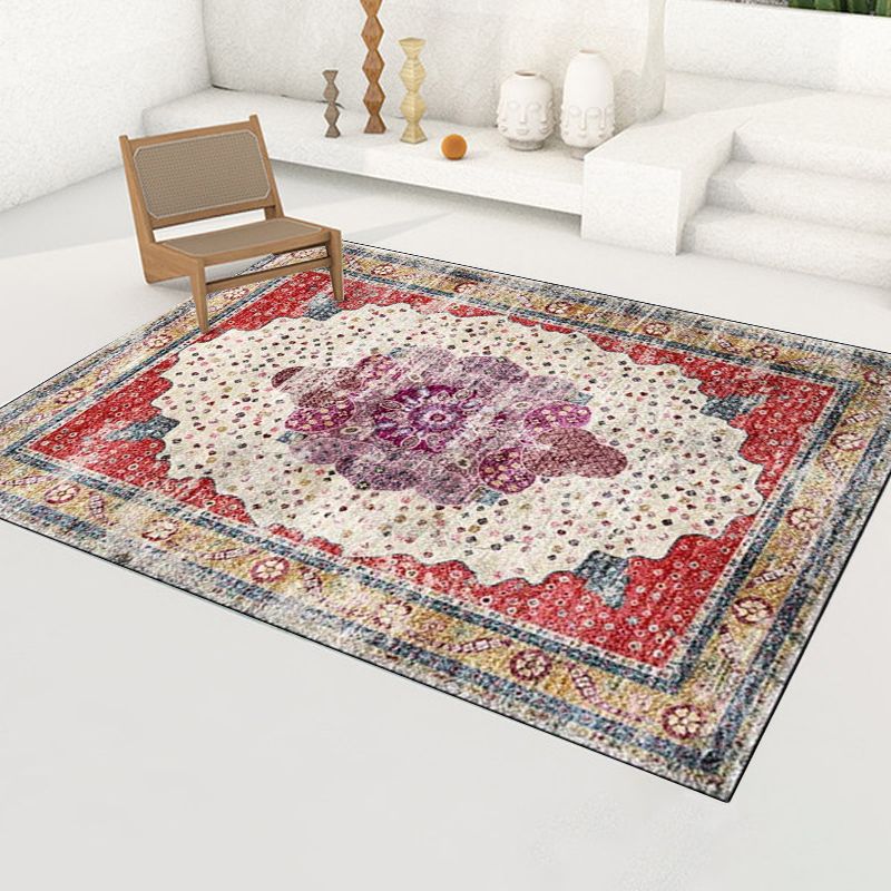 Red Bedroom Rug Moroccan Medallion Floral Dots Pattern Area Rug Polyester Pet Friendly Carpet