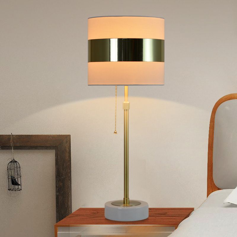 Post Modern Drum Table Light Fabric Single Bulb Bedside Nightstand Lamp in Gold with Pull Chain