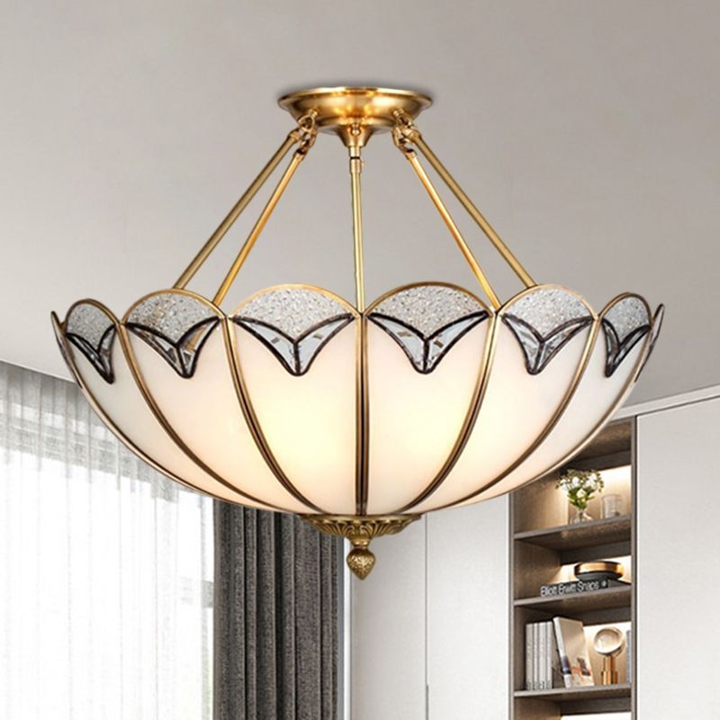 4 Heads Semi Flush Light Vintage Umbrella-Like Milky Glass Flush Mount Lighting in Brass