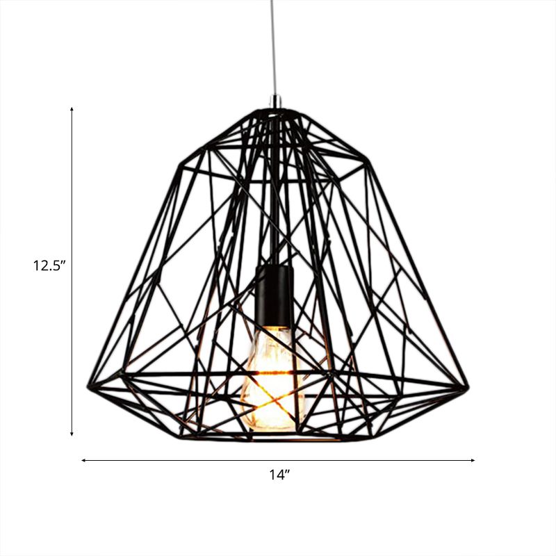 1 Head Ceiling Hanging Light Retro Style Geometric Cage Shade Metallic Suspension Lamp in Black/White