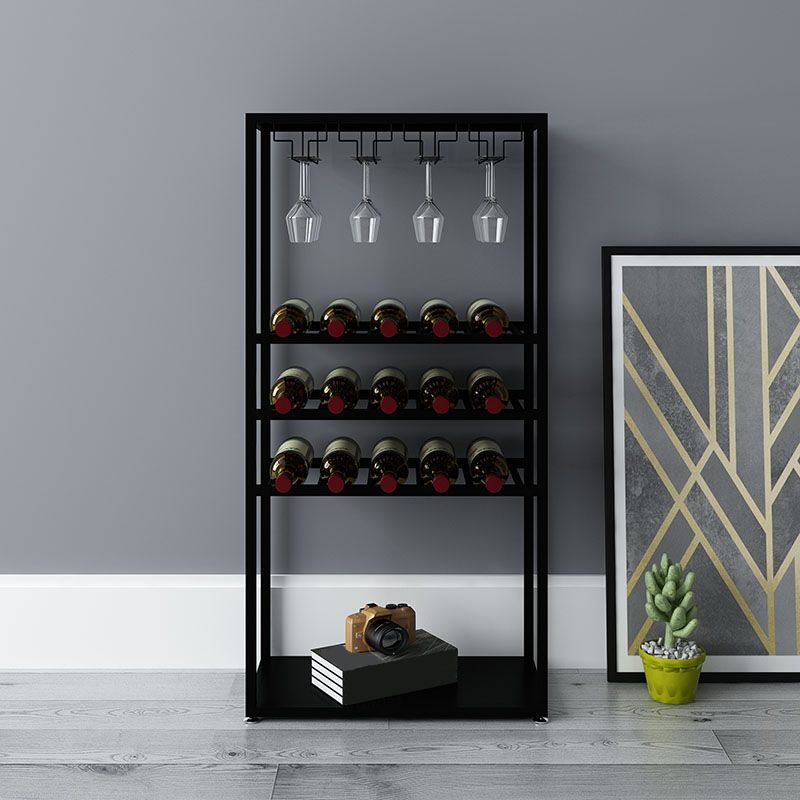 Metal Wine Bottle & Glass Rack Modern Floor Wine Holder with Shelf in Black and White