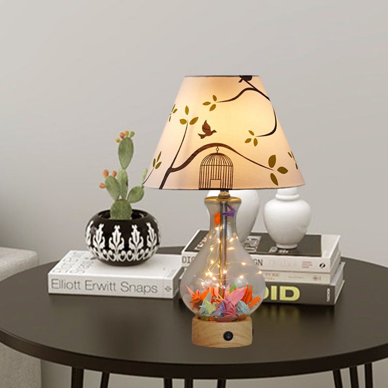 Clear Glass Urn/Diamond Night Lamp Contemporary 1-Bulb Bedroom Table Light with Cone Printing Fabric Shade