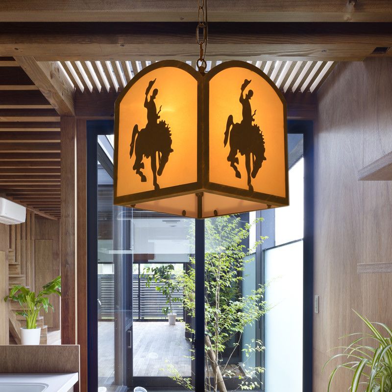 Square Pendant Lighting Metal Vintage 1 Bulbe Restaurant Hanging Light Kit en rouille avec motif de cheval