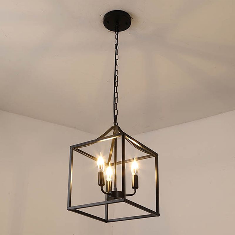 Black 3 Lights Pendant Lighting Retro Square Cage Metal Chandelier Lamp for Diner