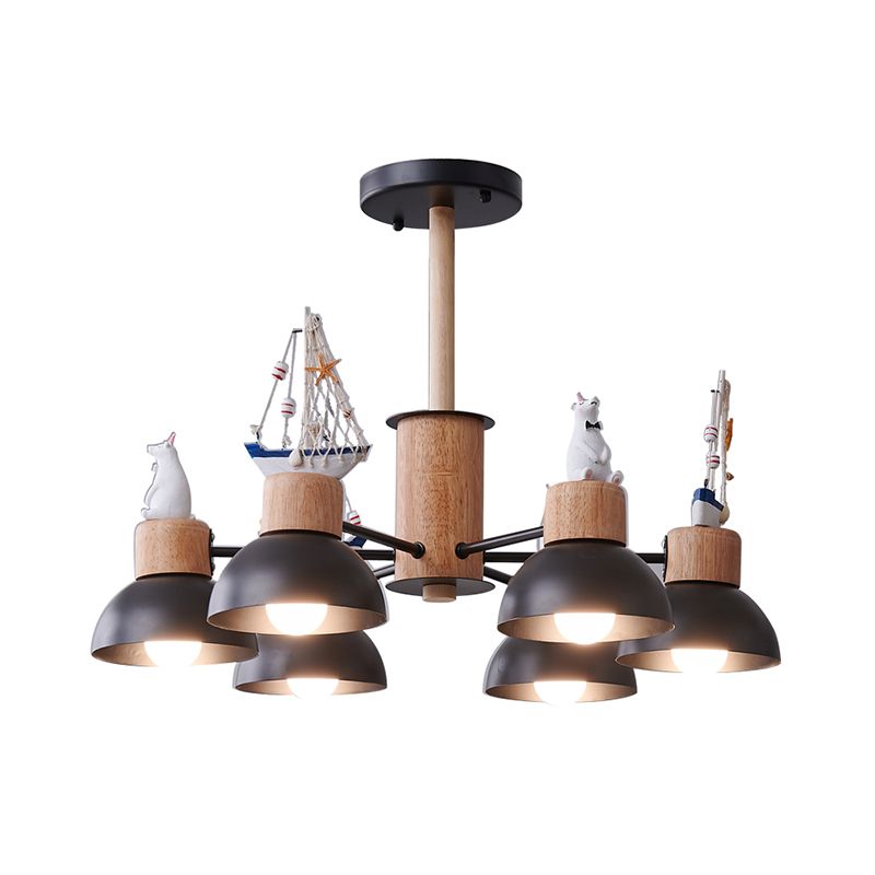 Dome Metallic Chandelier Lighting Cartoon 6 Bulbs Black/White Hanging Ceiling Light with Bear and Ship Design