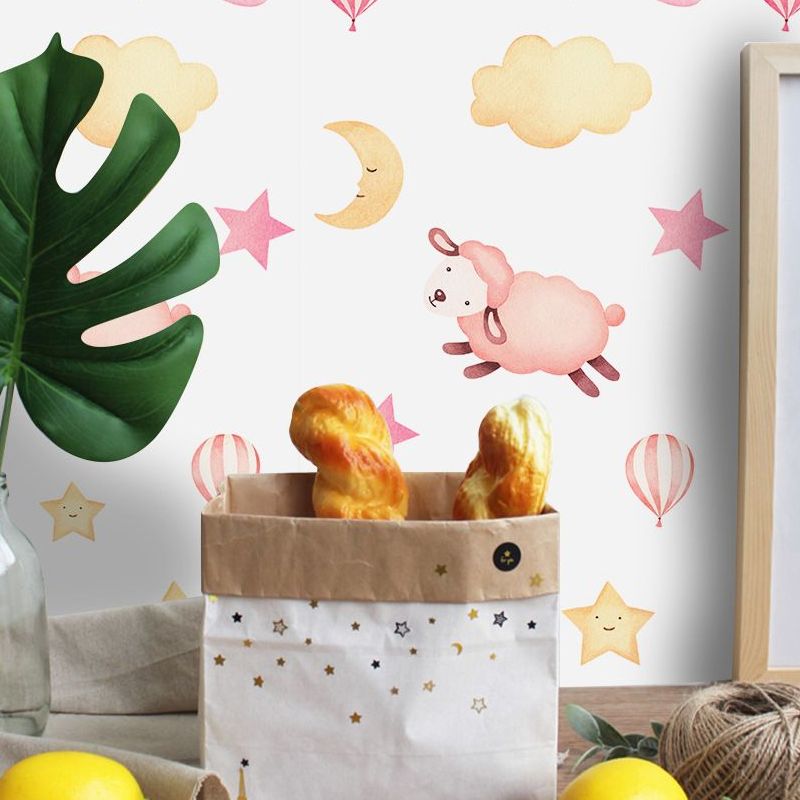 Pink Sheep Wallpaper Panel Set Animal Pattern Cartoon Peel off Wall Art for Baby Room