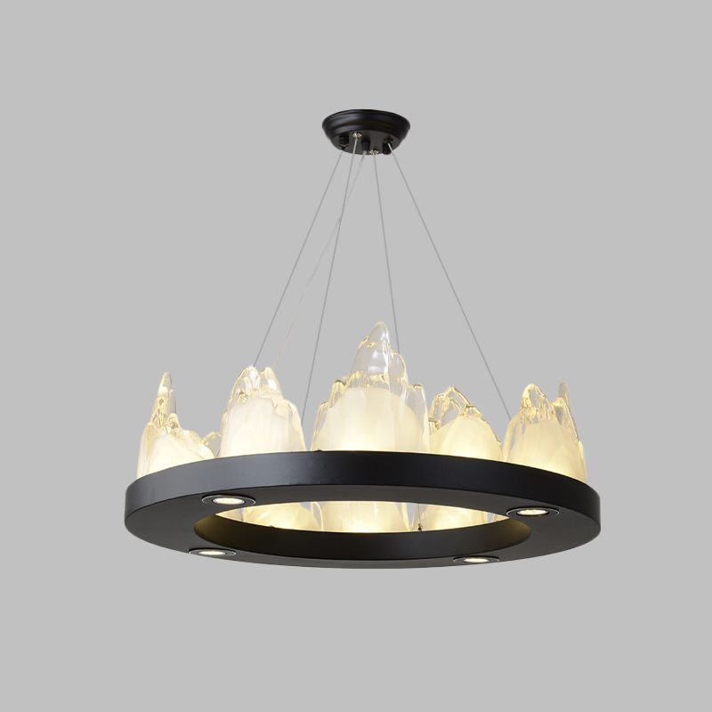 Modernism Ring Pendant Lighting Crystal Block LED Hanging Chandelier in Black for Living Room