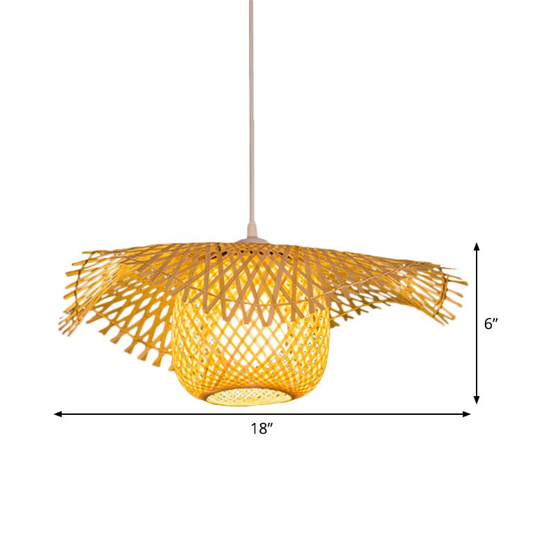 Flared Ceiling Lamp Asian Bamboo 1 Head Wood Hanging Pendant Light for Restaurant, 18"/29.5" Wide