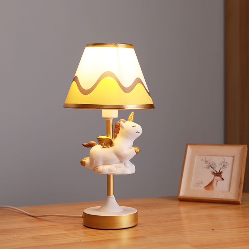 Cartoon 1 Light Table Lighting with Fabric Shade Conical Pink/Blue/Gold Unicorn Nightstand Lamp for Study Room