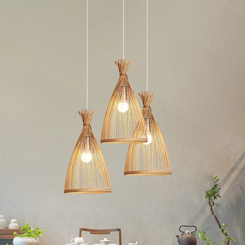 Wood Tapered Cage Pendant Lamp Japanese 1 Head Bamboo Suspended Lighting Fixture